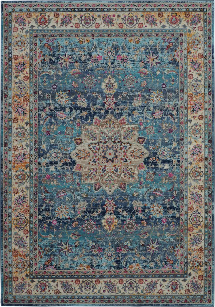 4' X 6' Blue and Beige Floral Distressed Area Rug