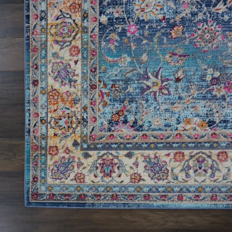 4' X 6' Blue and Beige Floral Distressed Area Rug