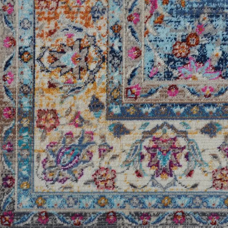 4' X 6' Blue and Beige Floral Distressed Area Rug