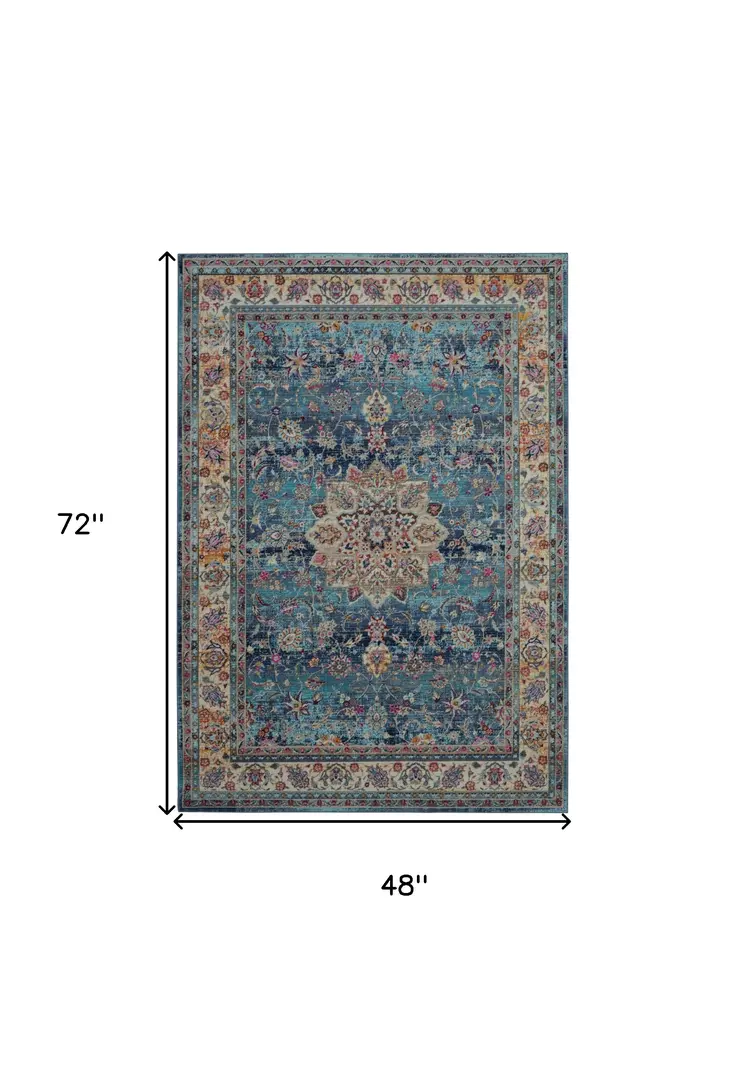 4' X 6' Blue and Beige Floral Distressed Area Rug