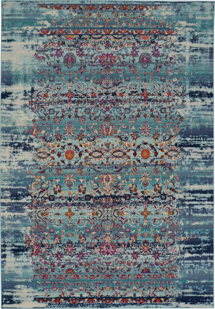 4' X 6' Blue Red And Orange Floral Distressed Area Rug