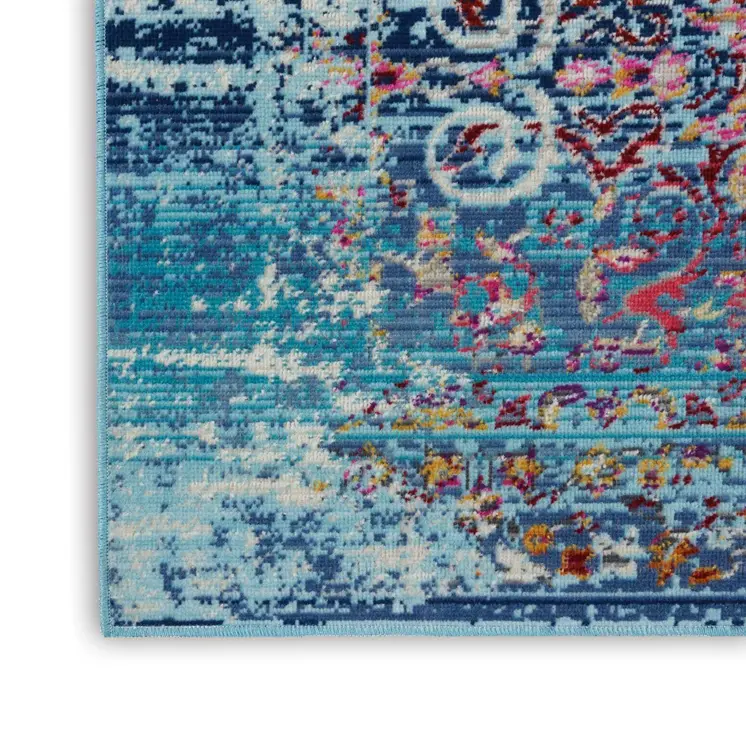 4' X 6' Blue Red And Orange Floral Distressed Area Rug