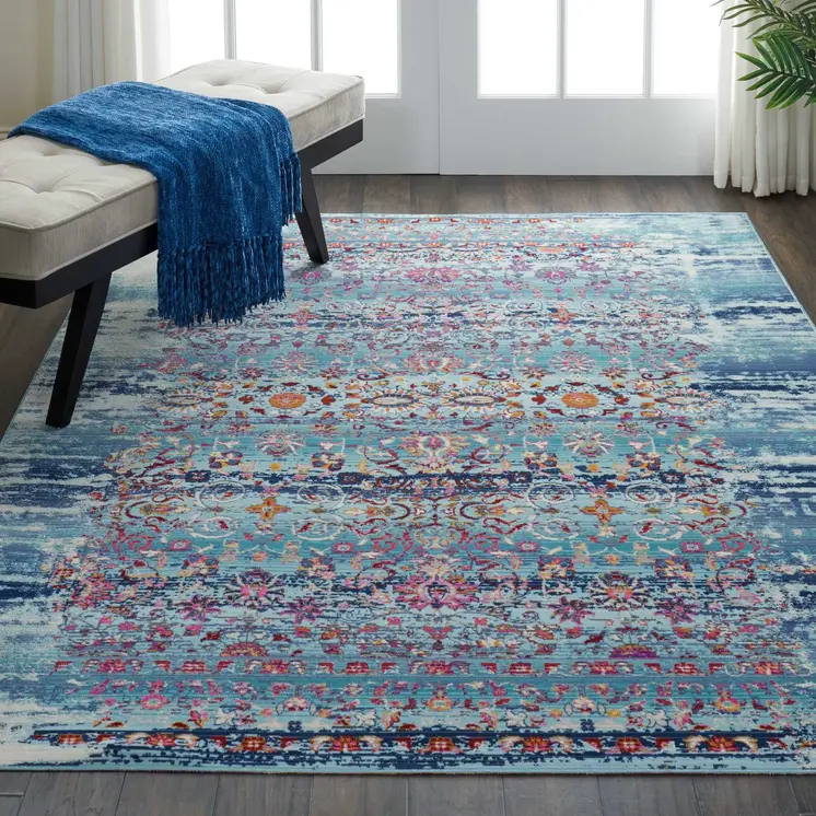 4' X 6' Blue Red And Orange Floral Distressed Area Rug