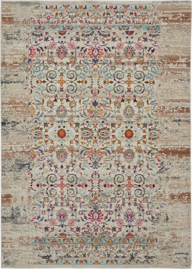 4' X 6' Blue Red And Orange Floral Distressed Area Rug
