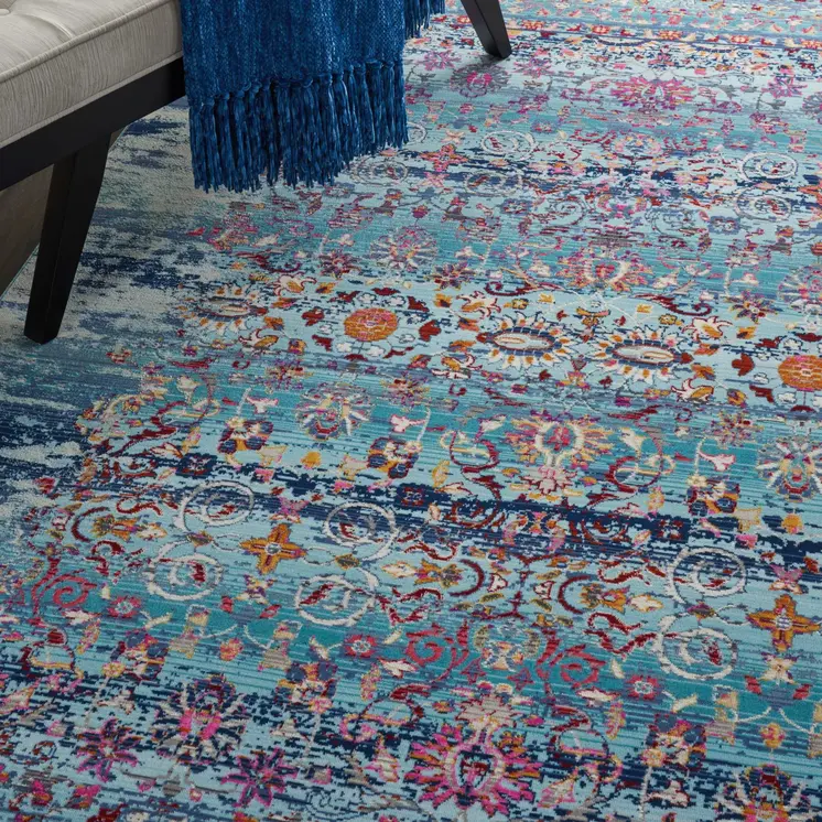 4' X 6' Blue Red And Orange Floral Distressed Area Rug