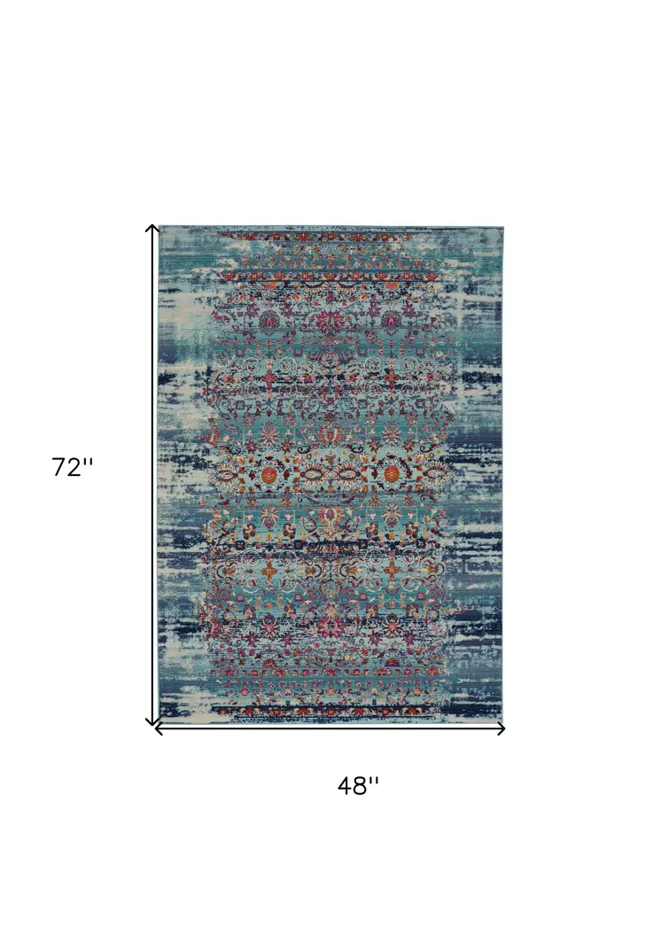 4' X 6' Blue Red And Orange Floral Distressed Area Rug