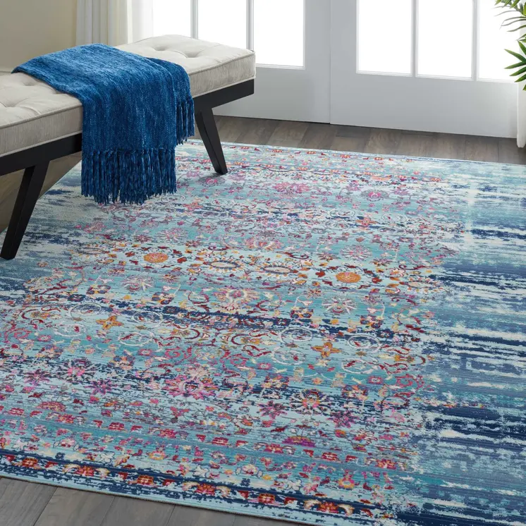 4' X 6' Blue Red And Orange Floral Distressed Area Rug