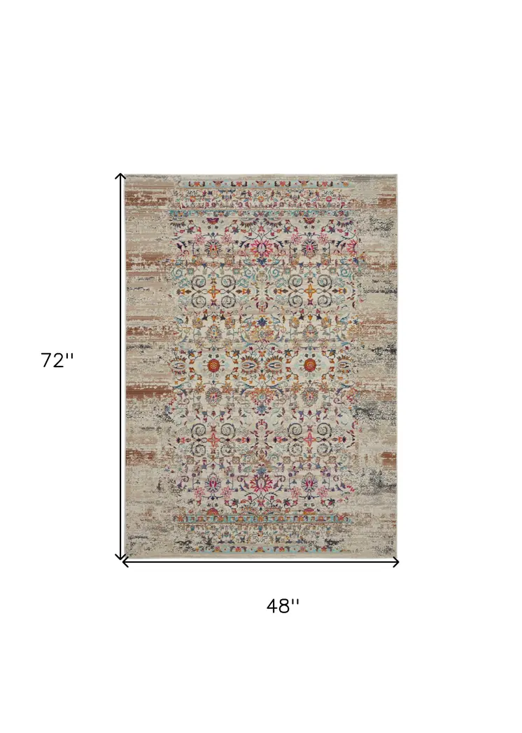 4' X 6' Ivory And Brown Floral Distressed Area Rug
