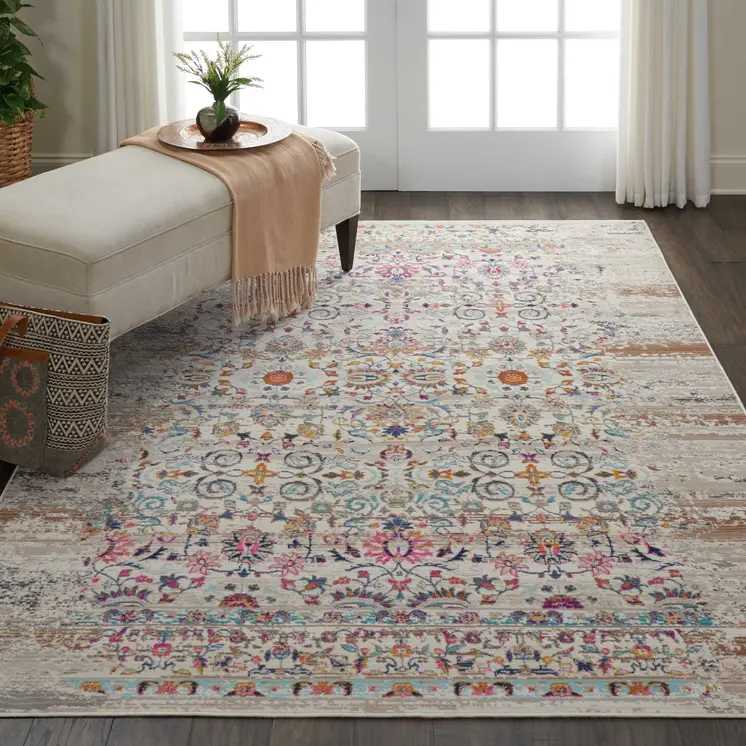 4' X 6' Ivory And Brown Floral Distressed Area Rug