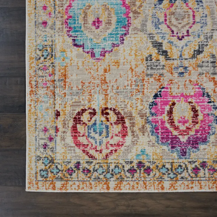 4' X 6' Ivory Pink And Orange Floral Distressed Area Rug