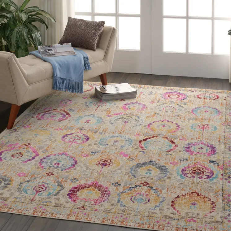 4' X 6' Ivory Pink And Orange Floral Distressed Area Rug