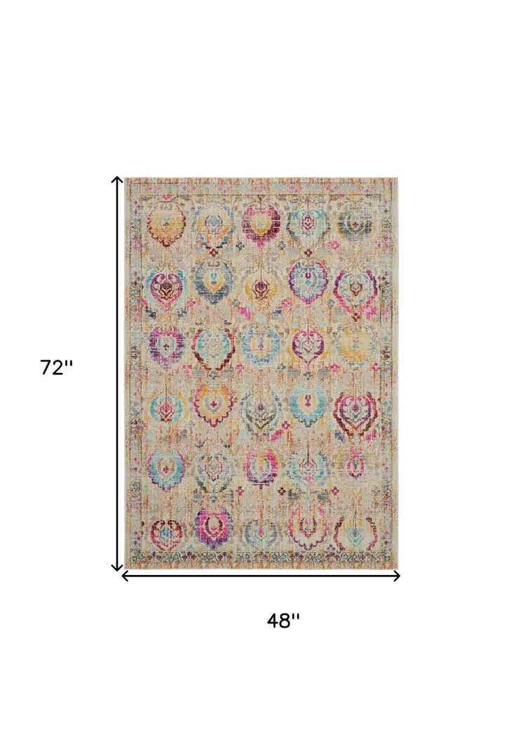 4' X 6' Ivory Pink And Orange Floral Distressed Area Rug