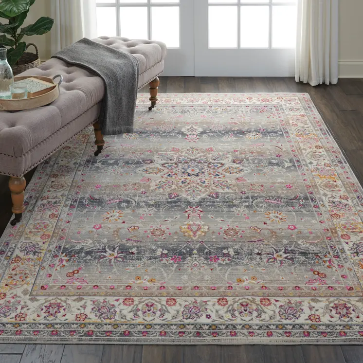 4' X 6' Ivory Brown And Gray Floral Distressed Area Rug