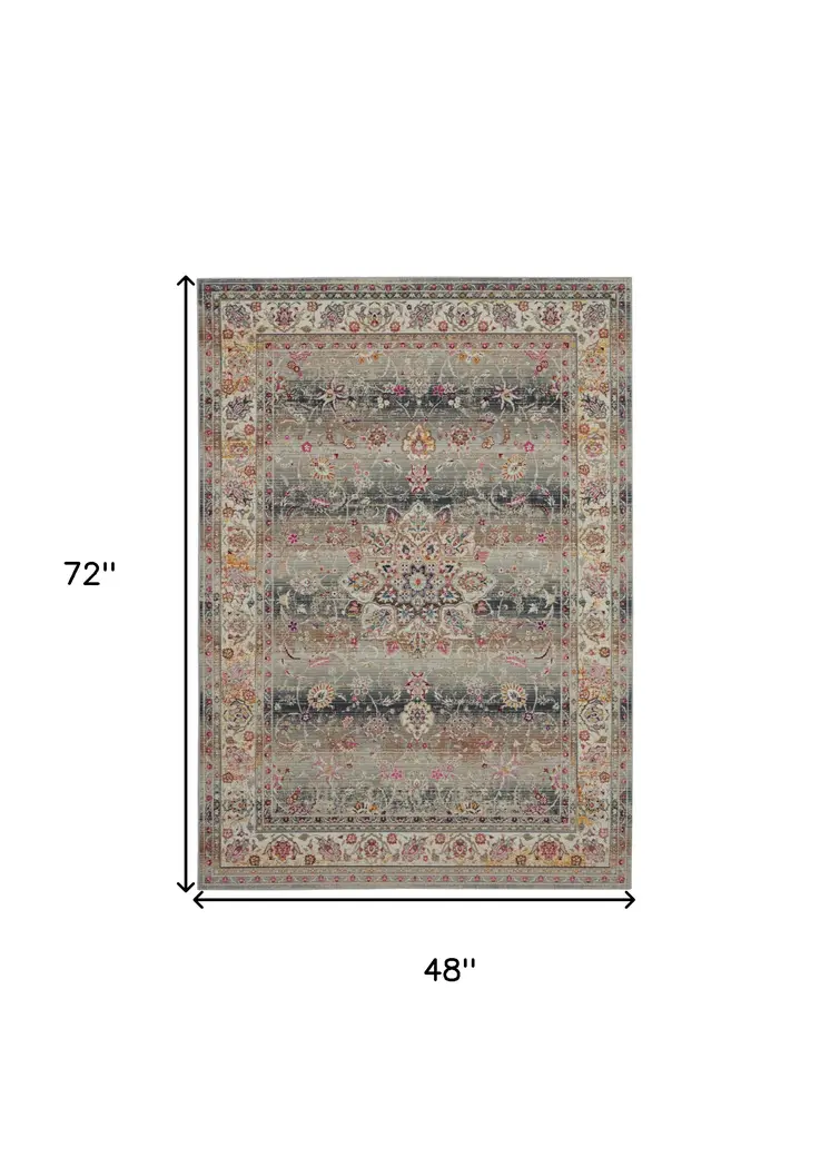 4' X 6' Ivory Brown And Gray Floral Distressed Area Rug