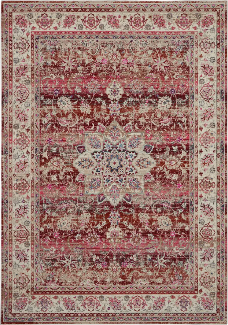 4' X 6' Ivory And Red Floral Distressed Area Rug