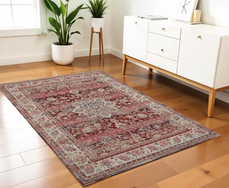 4' X 6' Ivory And Red Floral Distressed Area Rug