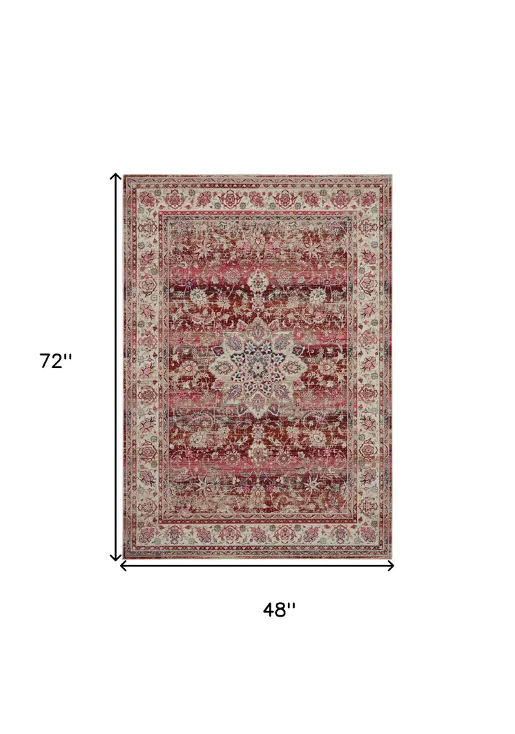 4' X 6' Ivory And Red Floral Distressed Area Rug