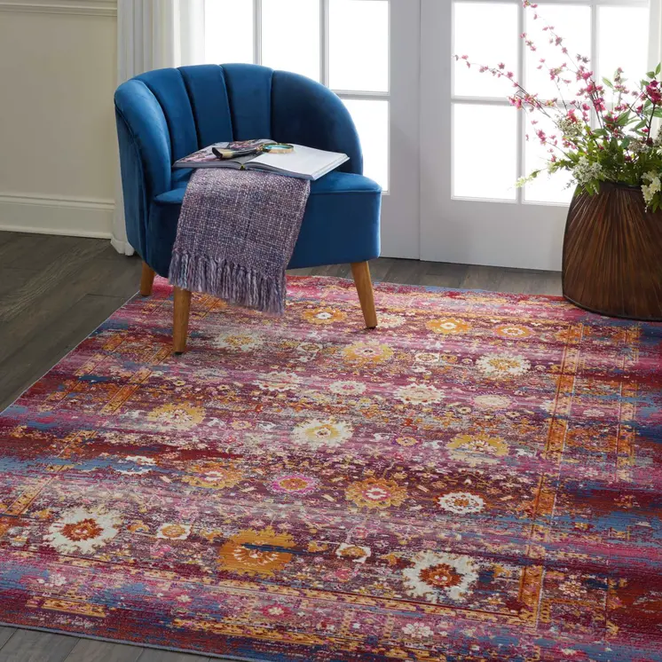 4' X 6' Blue Yellow And Red Floral Distressed Area Rug