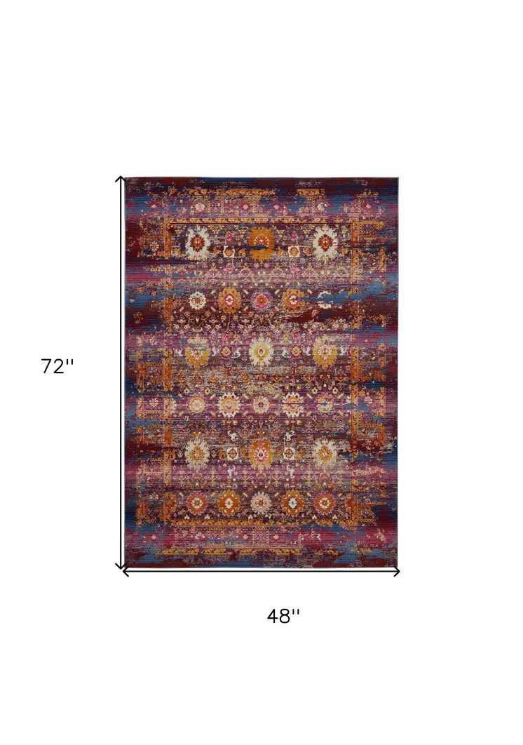 4' X 6' Blue Yellow And Red Floral Distressed Area Rug