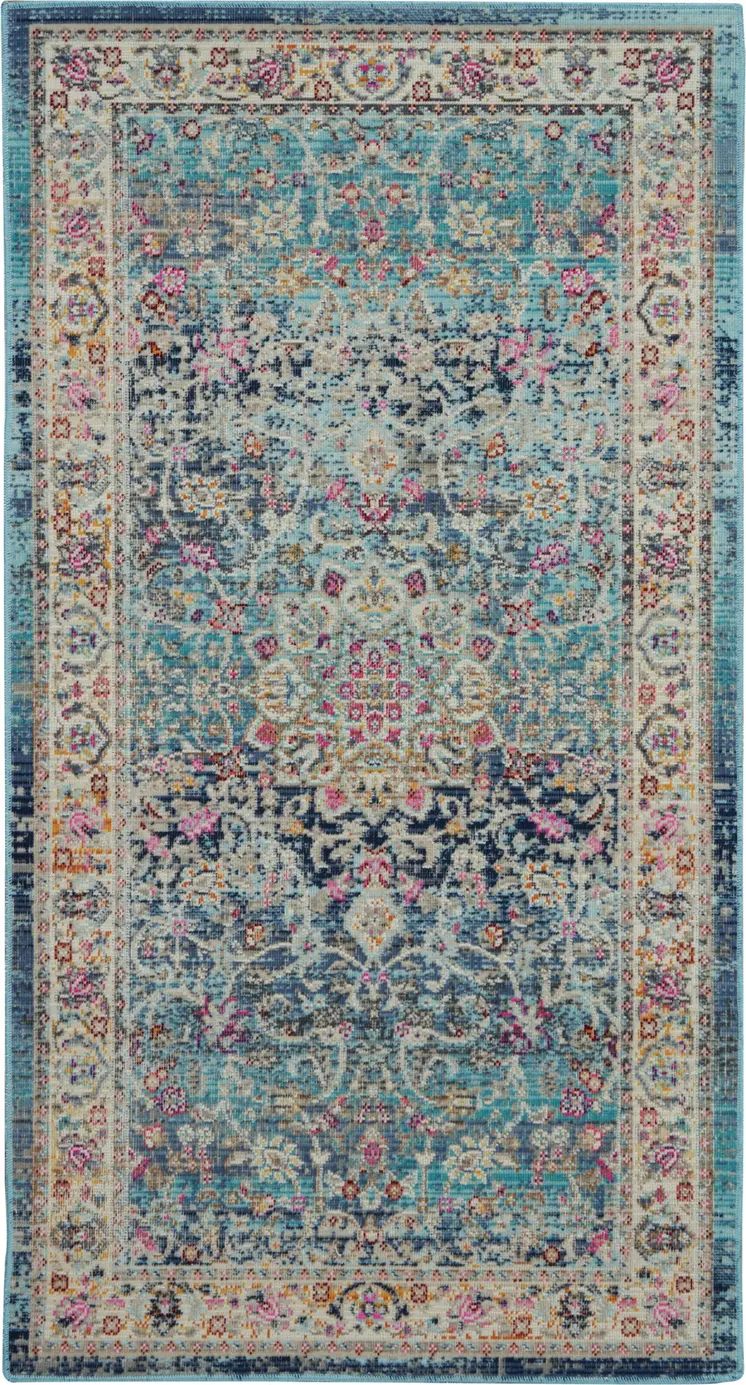 2' X 4' Blue and Beige Floral Distressed Area Rug