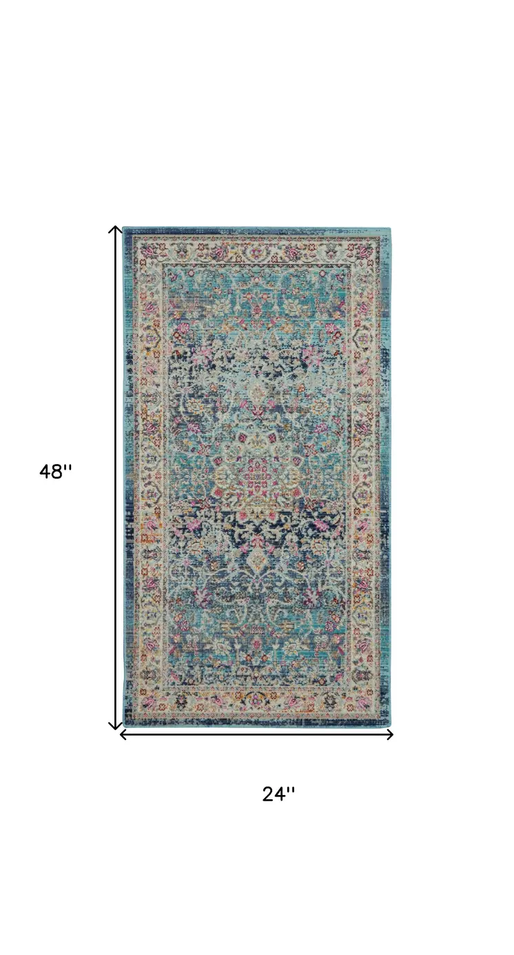 2' X 4' Blue and Beige Floral Distressed Area Rug