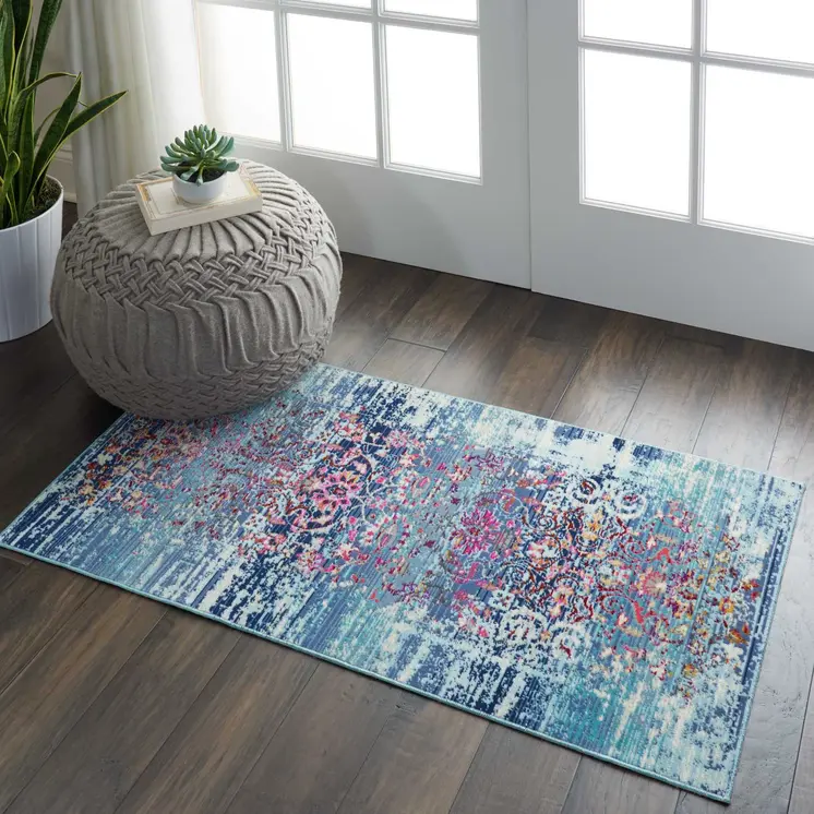 2' X 4' Blue Red And Orange Floral Distressed Area Rug
