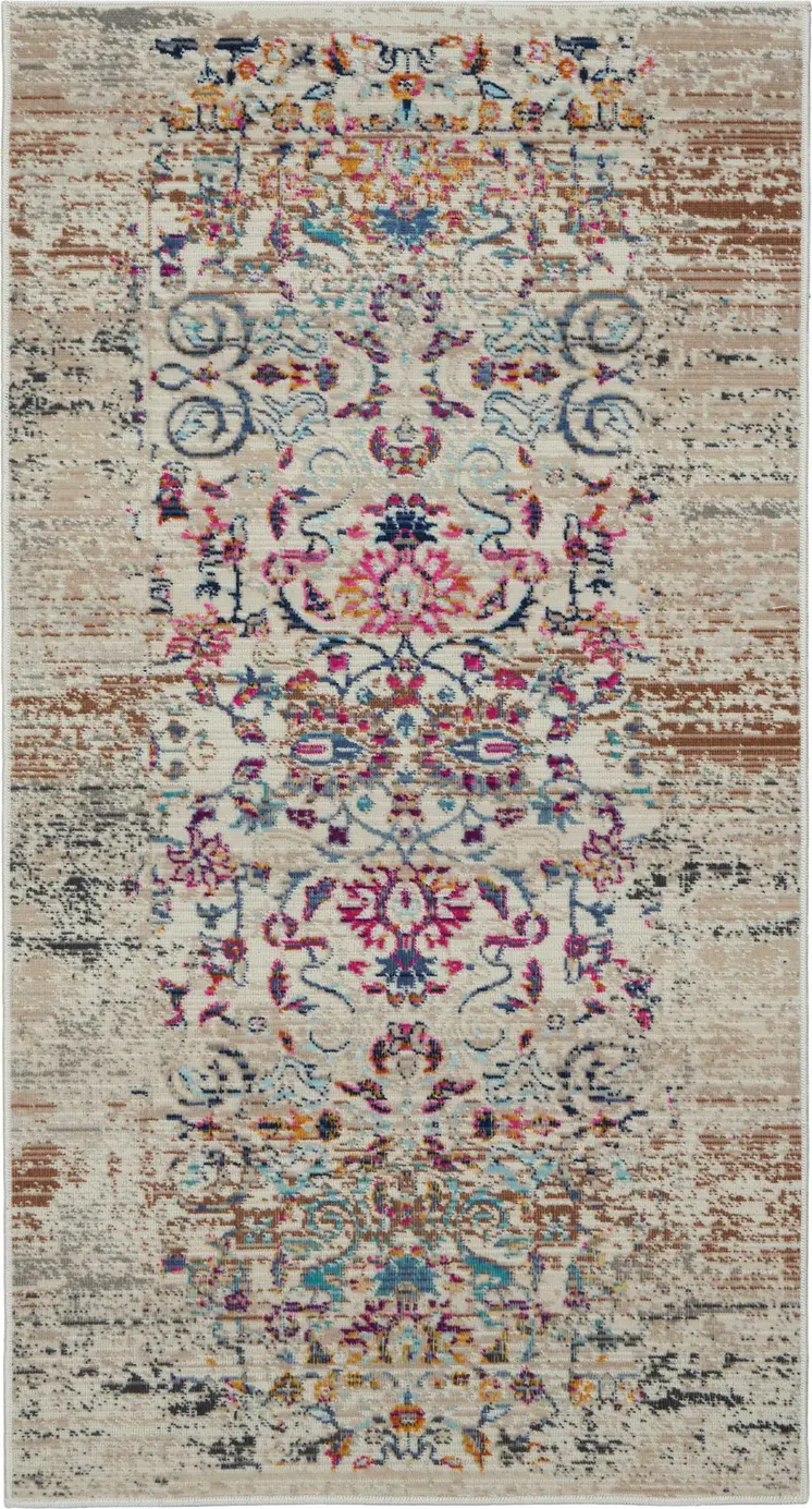 2' X 4' Blue Red And Orange Floral Distressed Area Rug
