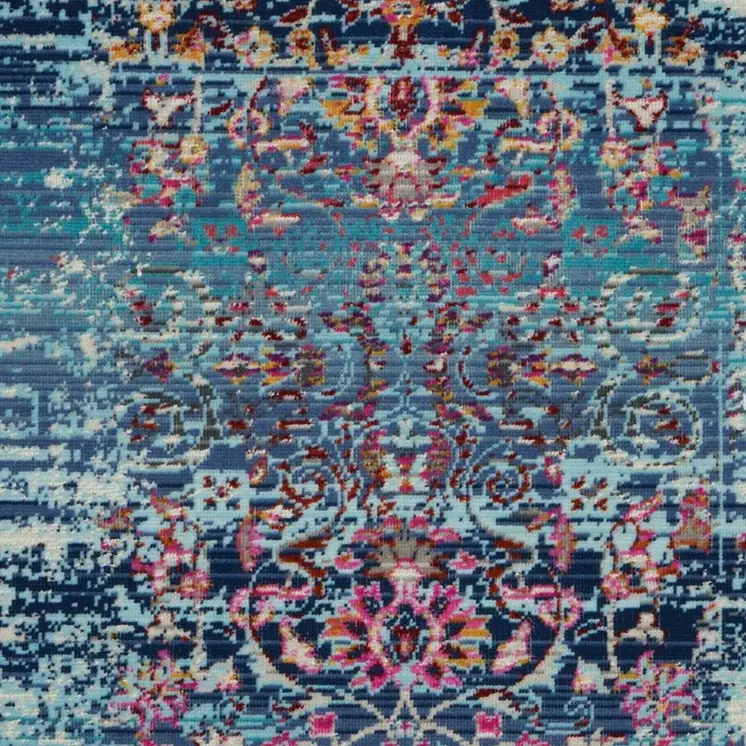 2' X 4' Blue Red And Orange Floral Distressed Area Rug