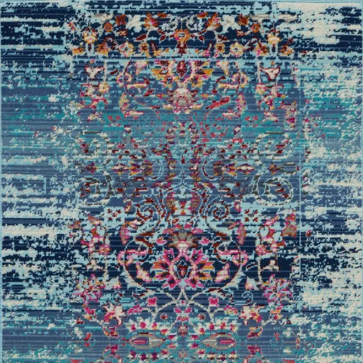 2' X 4' Blue Red And Orange Floral Distressed Area Rug