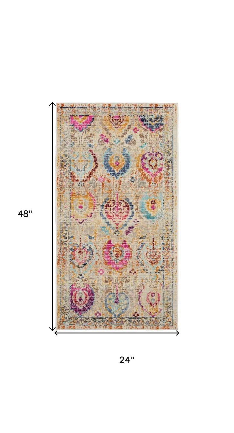 2' X 4' Ivory Pink And Orange Floral Distressed Area Rug