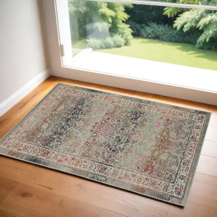 2' X 4' Ivory Brown And Gray Floral Distressed Area Rug