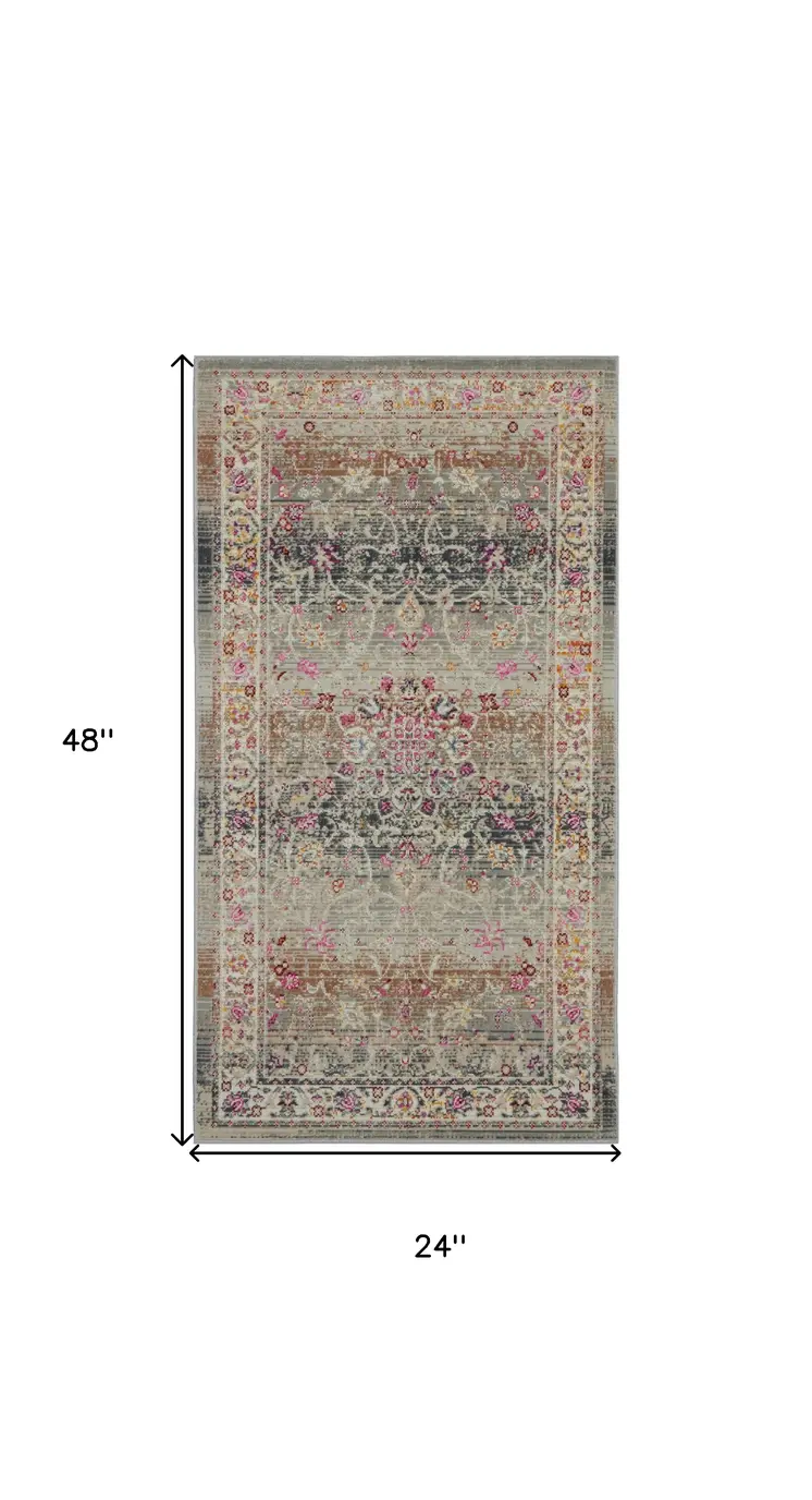 2' X 4' Ivory Brown And Gray Floral Distressed Area Rug