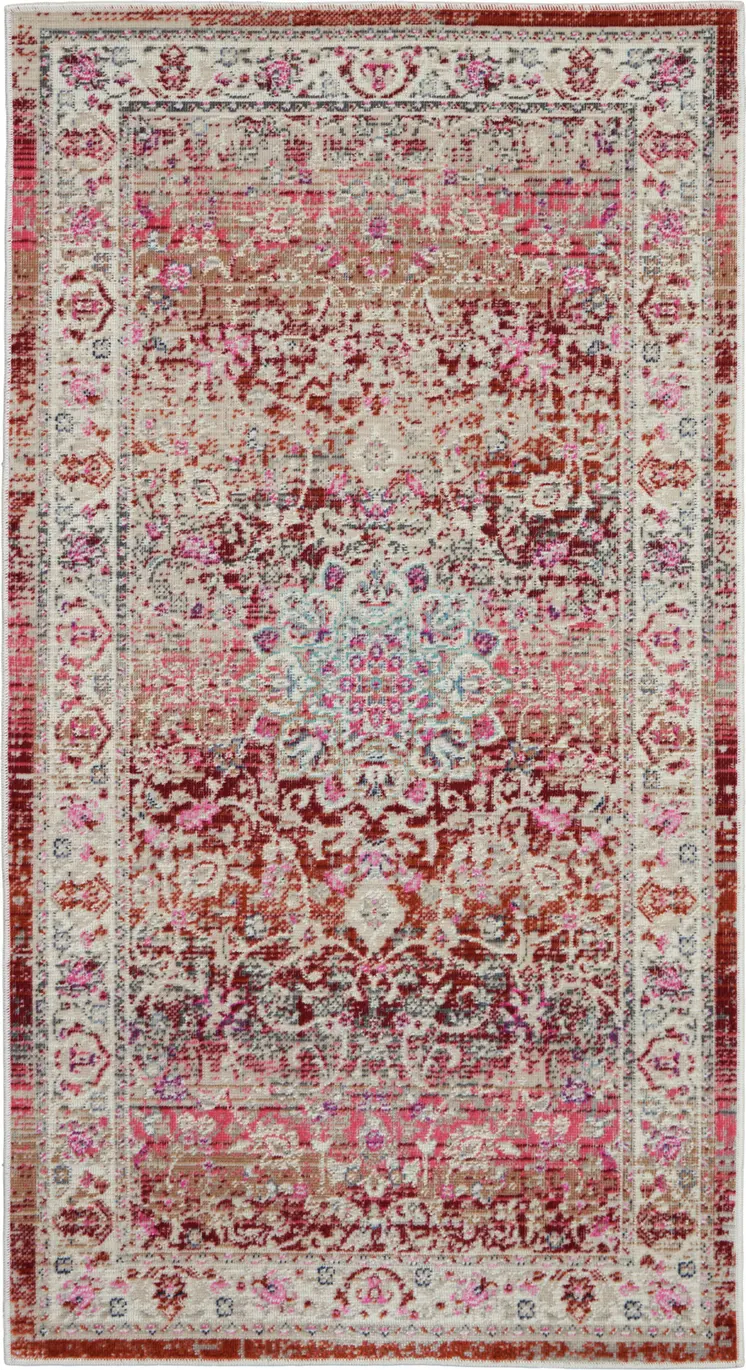2' X 4' Ivory And Red Floral Distressed Area Rug
