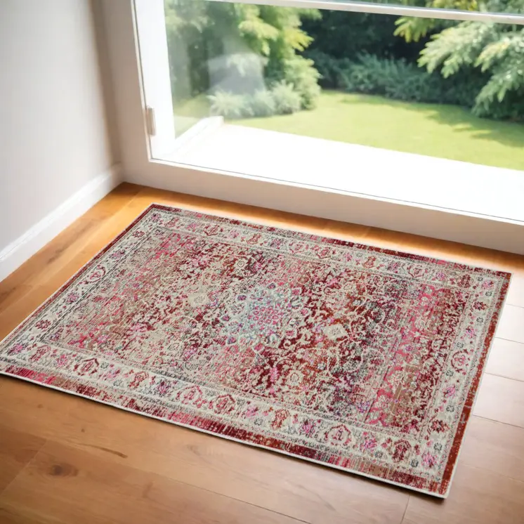 2' X 4' Ivory And Red Floral Distressed Area Rug