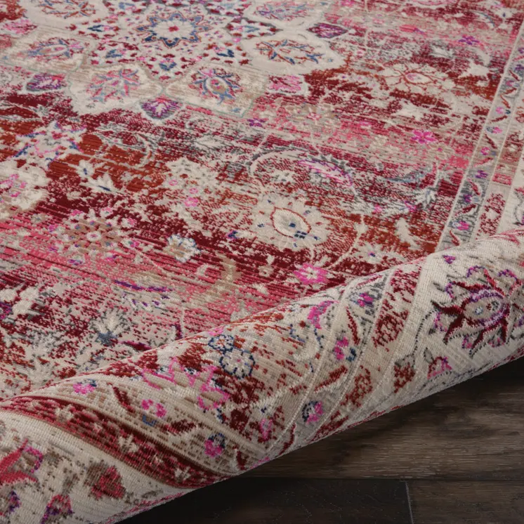 2' X 4' Ivory And Red Floral Distressed Area Rug