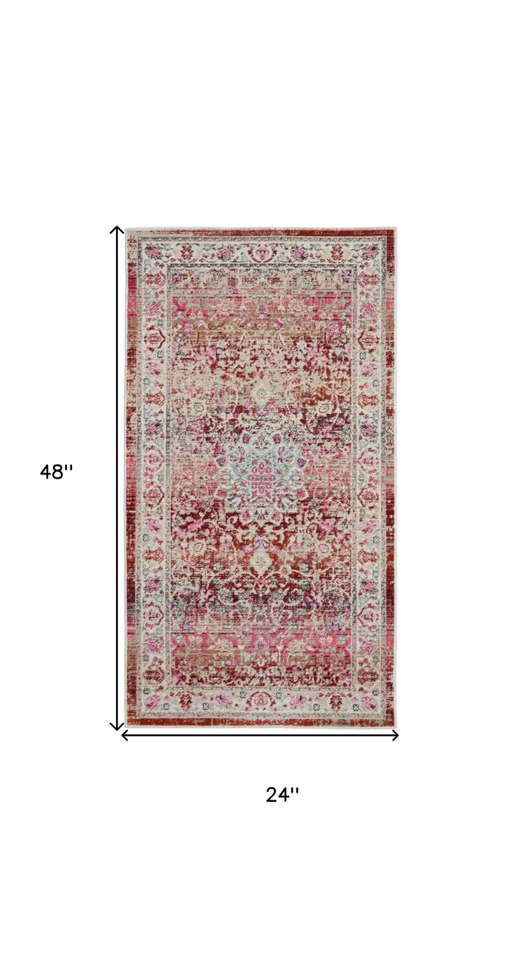 2' X 4' Ivory And Red Floral Distressed Area Rug