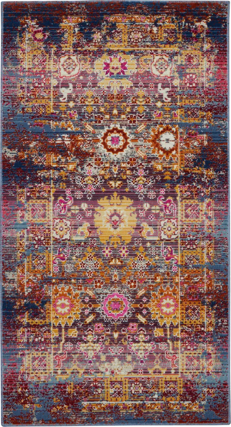 2' X 4' Blue Yellow And Red Floral Distressed Area Rug