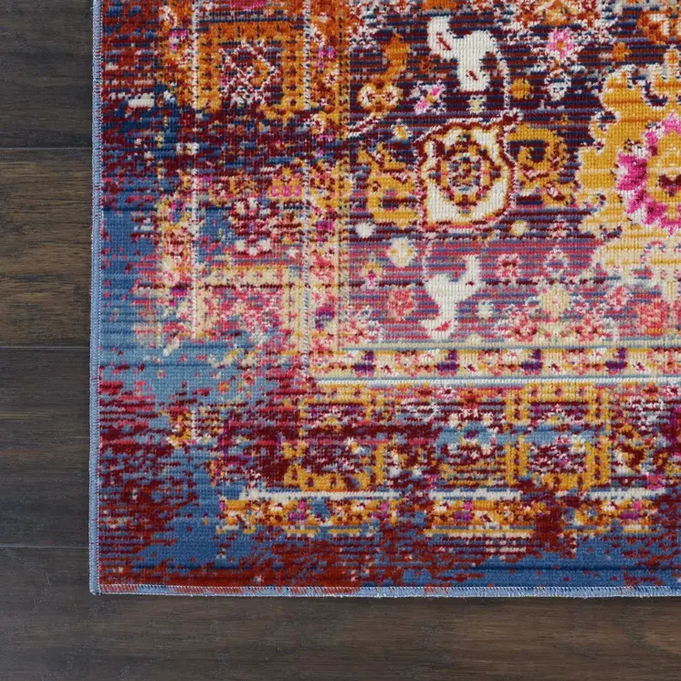 2' X 4' Blue Yellow And Red Floral Distressed Area Rug