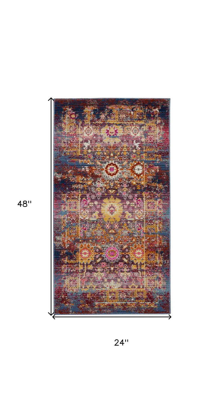 2' X 4' Blue Yellow And Red Floral Distressed Area Rug
