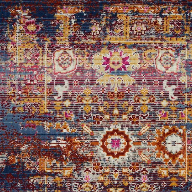 2' X 4' Blue Yellow And Red Floral Distressed Area Rug