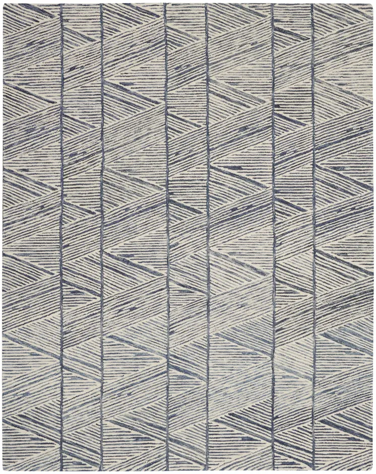 8' X 12' Blue And White Wool Geometric Area Rug