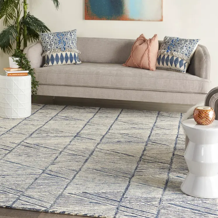 8' X 12' Blue And White Wool Geometric Area Rug