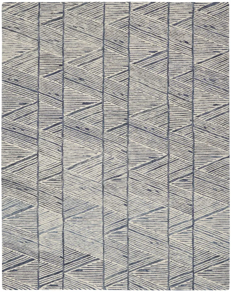 8' X 12' Blue And White Wool Geometric Area Rug