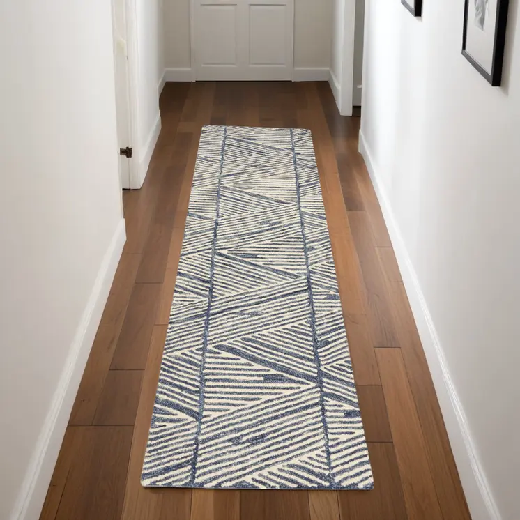 8' Blue and White Wool Abstract Runner Rug