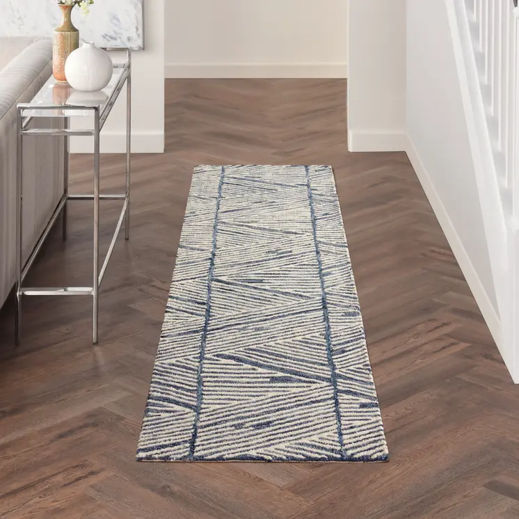 8' Blue and White Wool Abstract Runner Rug