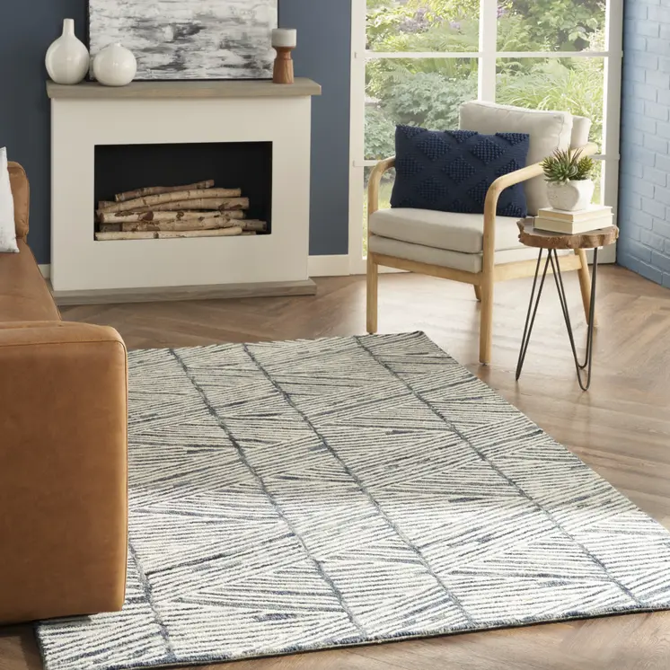 5' X 7' Blue And White Wool Abstract Area Rug