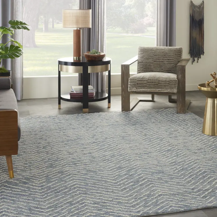 8' X 12' Indigo and Ivory Wool Chevron Area Rug