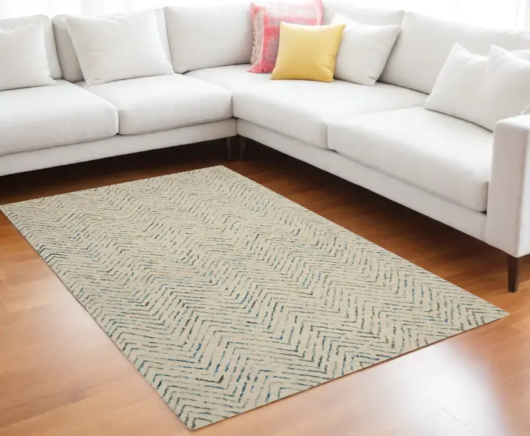 8' X 12' Ivory Blue and Green Wool Chevron Area Rug