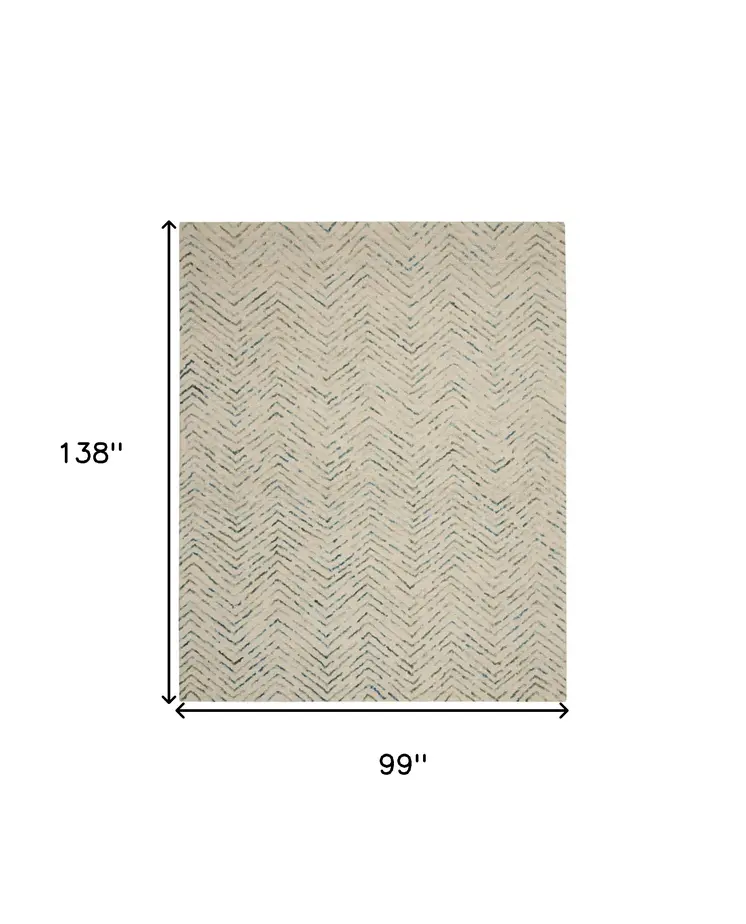 8' X 12' Ivory Blue and Green Wool Chevron Area Rug