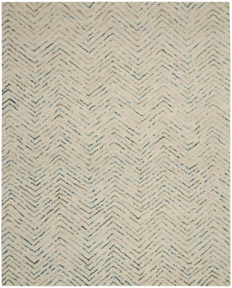 8' X 10' Ivory Blue and Green Wool Chevron Area Rug